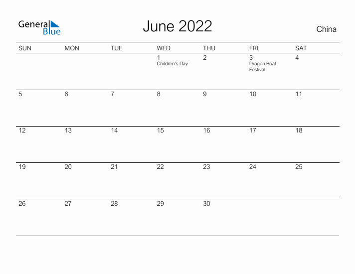 Printable June 2022 Calendar for China