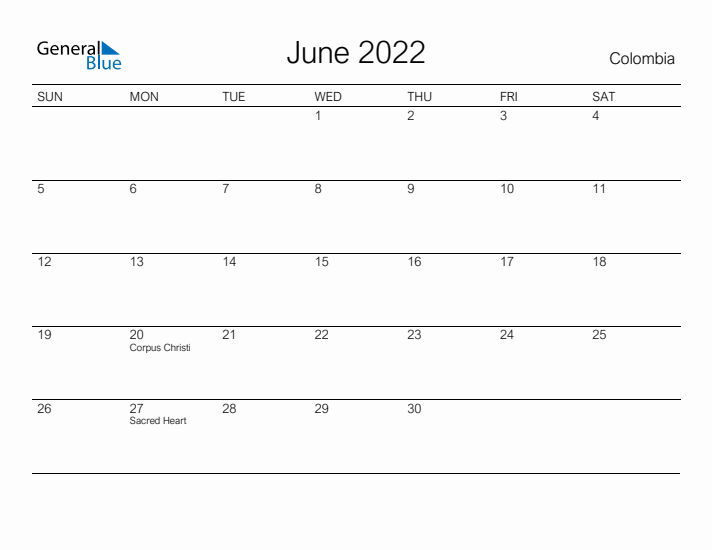 Printable June 2022 Calendar for Colombia