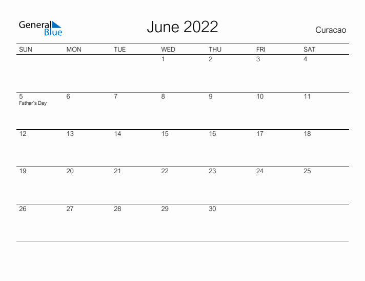 Printable June 2022 Calendar for Curacao