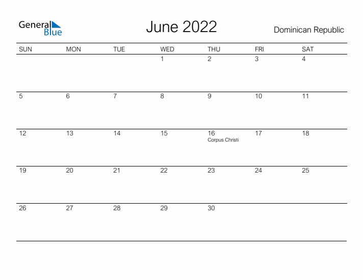 Printable June 2022 Calendar for Dominican Republic