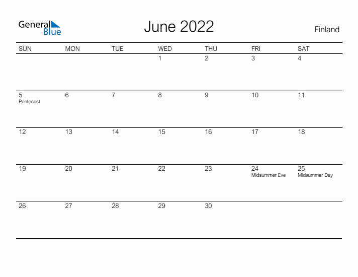 Printable June 2022 Calendar for Finland