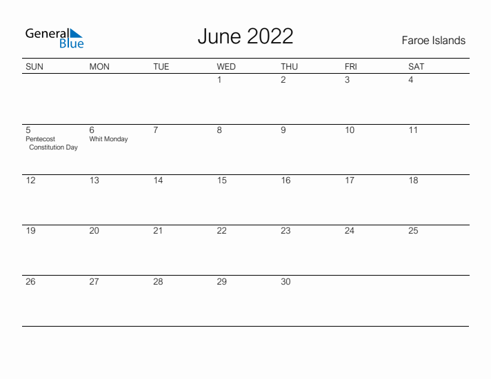 Printable June 2022 Calendar for Faroe Islands