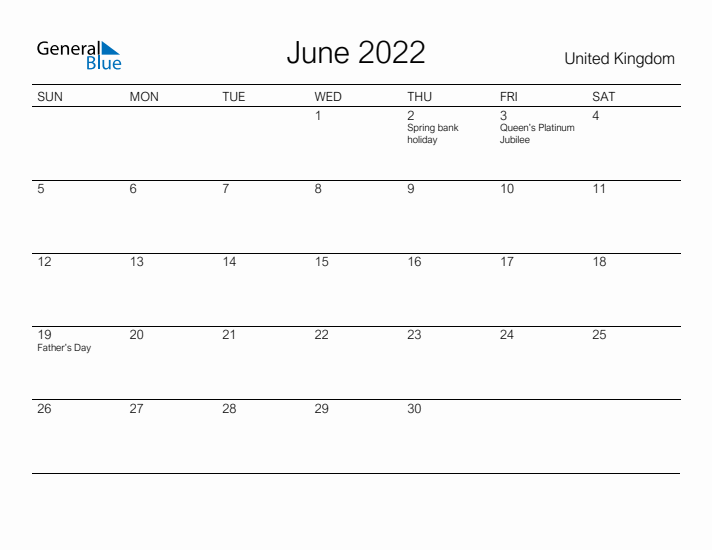 Printable June 2022 Calendar for United Kingdom