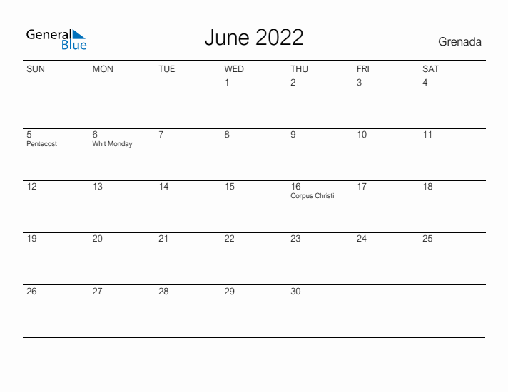 Printable June 2022 Calendar for Grenada