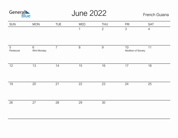 Printable June 2022 Calendar for French Guiana