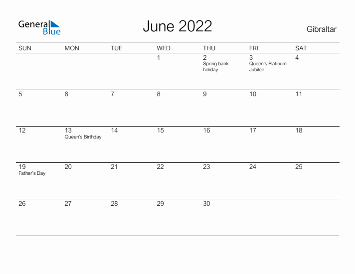 Printable June 2022 Calendar for Gibraltar