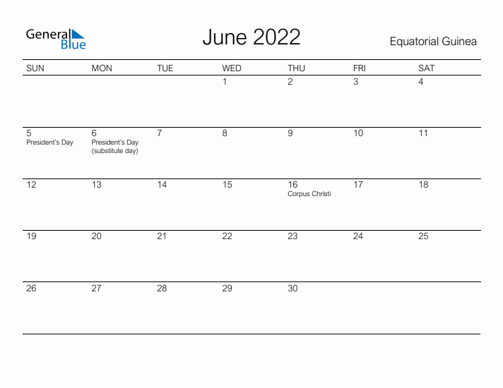 Printable June 2022 Calendar for Equatorial Guinea