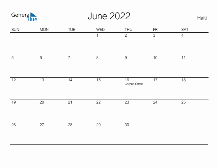 Printable June 2022 Calendar for Haiti