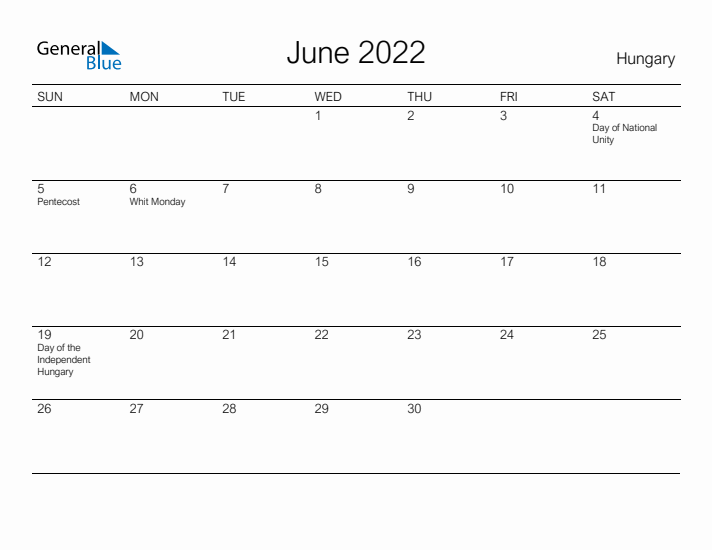 Printable June 2022 Calendar for Hungary