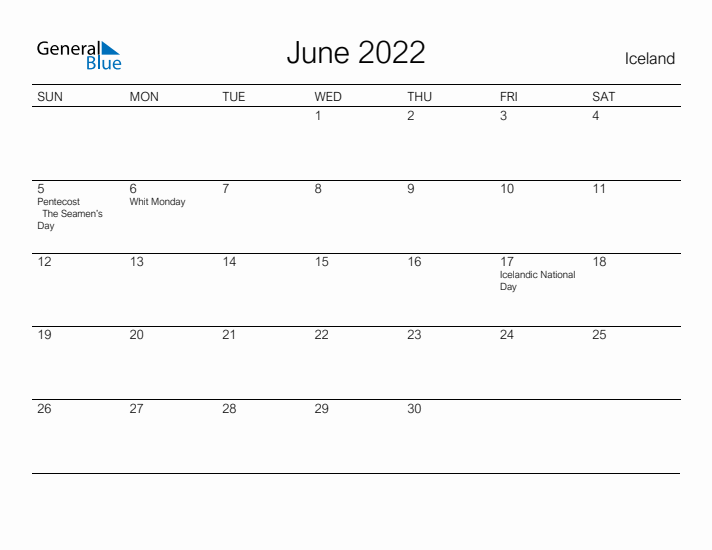 Printable June 2022 Calendar for Iceland