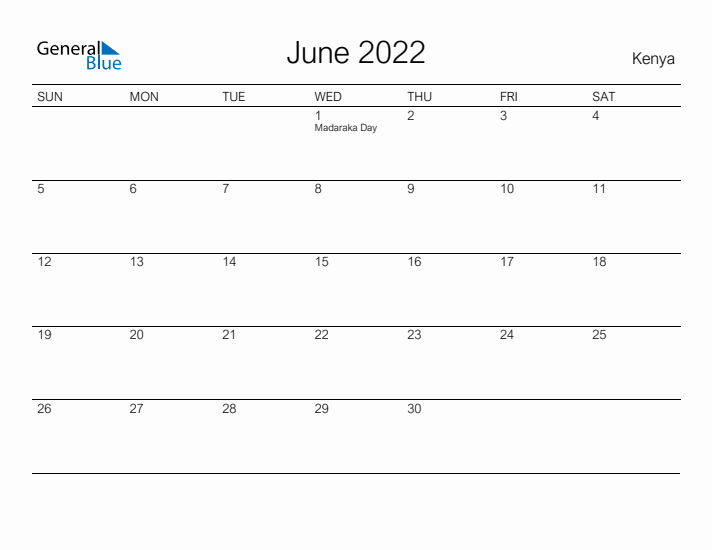 Printable June 2022 Calendar for Kenya