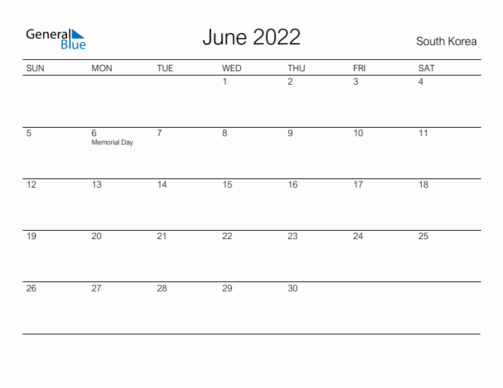 Printable June 2022 Calendar for South Korea