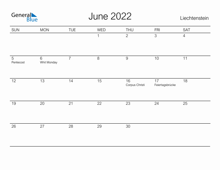 Printable June 2022 Calendar for Liechtenstein