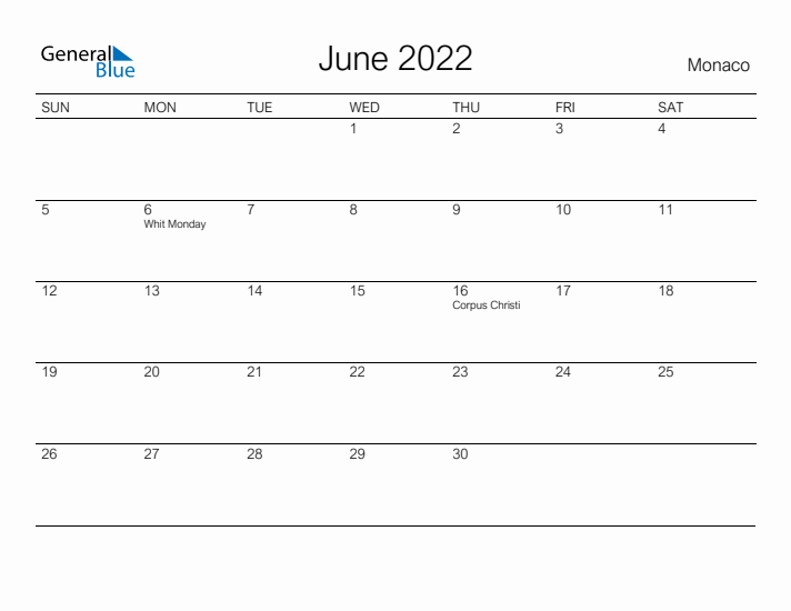 Printable June 2022 Calendar for Monaco