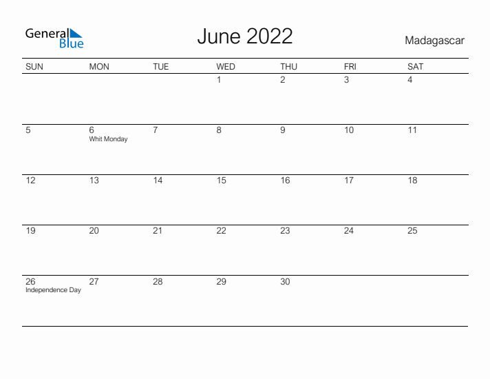 Printable June 2022 Calendar for Madagascar