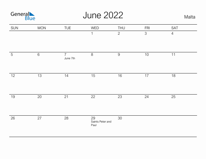 Printable June 2022 Calendar for Malta