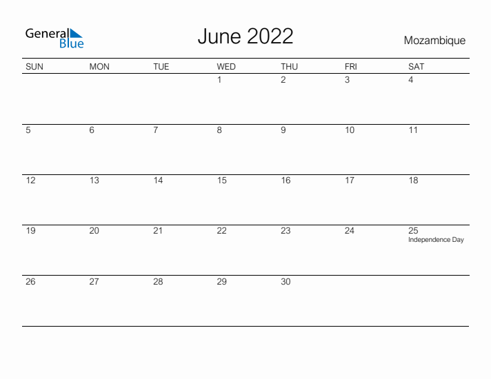 Printable June 2022 Calendar for Mozambique