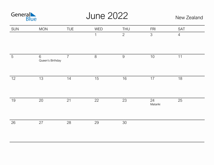Printable June 2022 Calendar for New Zealand