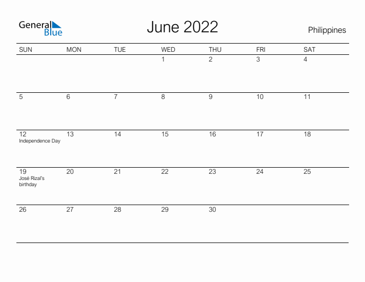 Printable June 2022 Calendar for Philippines