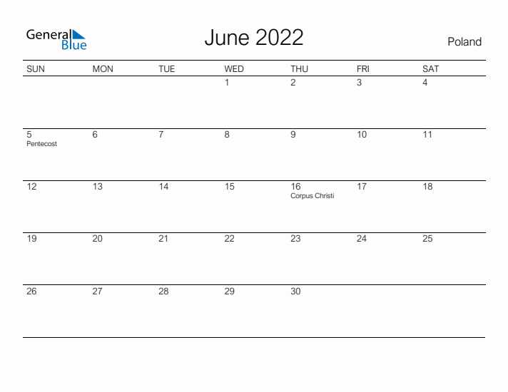 Printable June 2022 Calendar for Poland