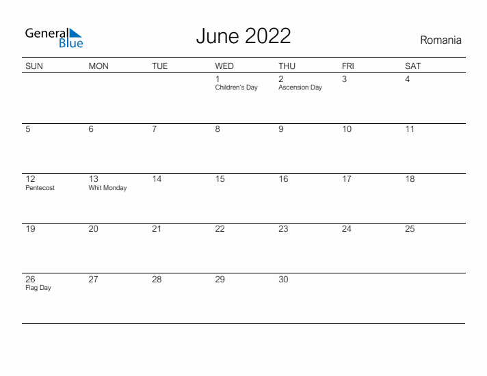 Printable June 2022 Calendar for Romania