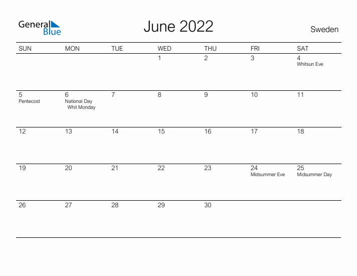 Printable June 2022 Calendar for Sweden
