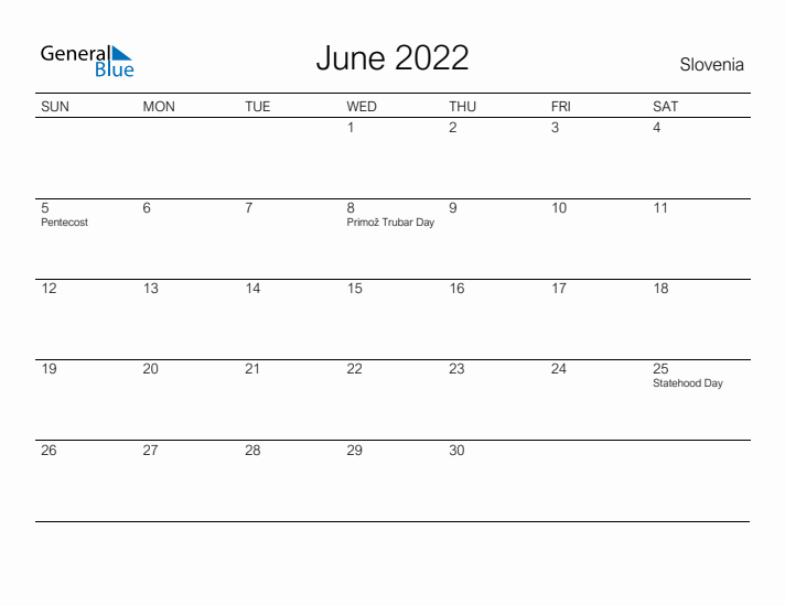 Printable June 2022 Calendar for Slovenia