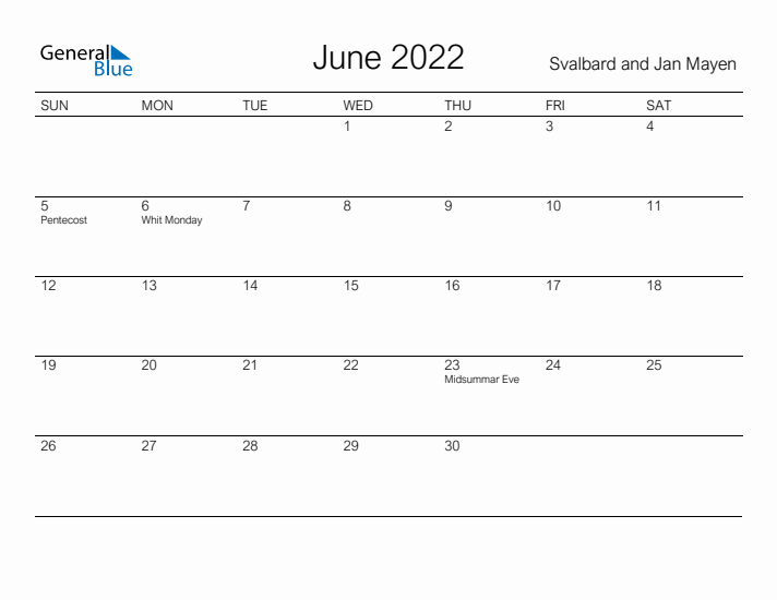 Printable June 2022 Calendar for Svalbard and Jan Mayen