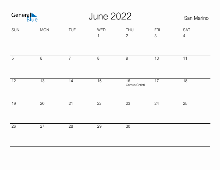 Printable June 2022 Calendar for San Marino