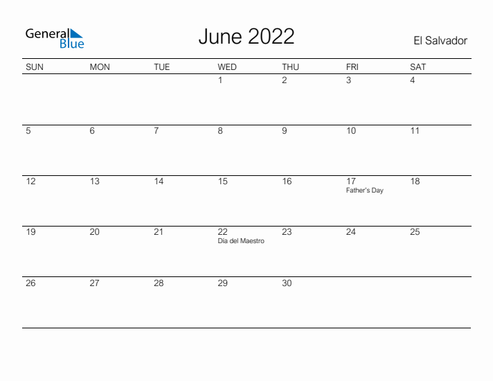 Printable June 2022 Calendar for El Salvador