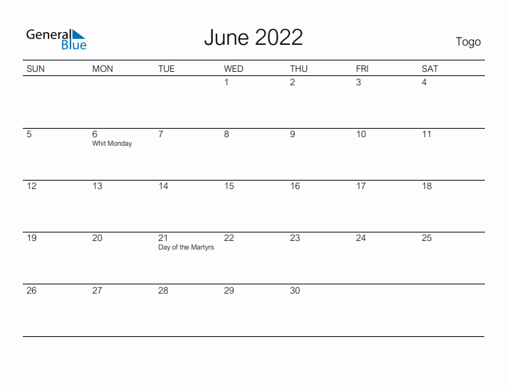 Printable June 2022 Calendar for Togo