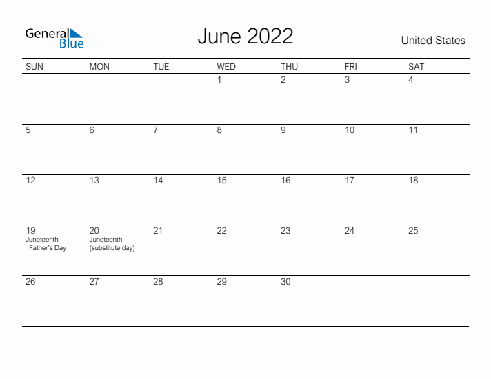 Printable June 2022 Calendar for United States