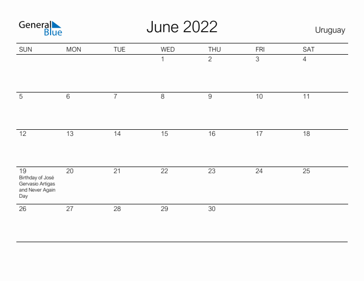 Printable June 2022 Calendar for Uruguay
