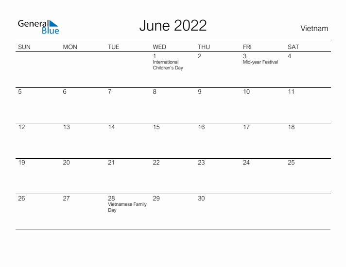 Printable June 2022 Calendar for Vietnam