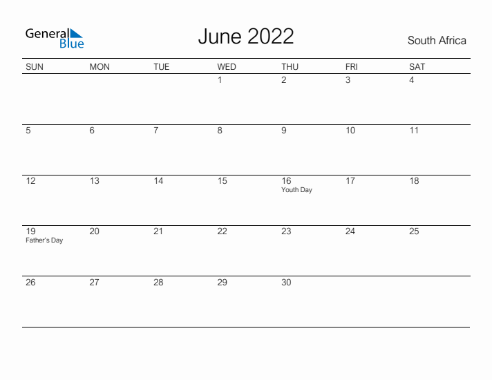 Printable June 2022 Calendar for South Africa