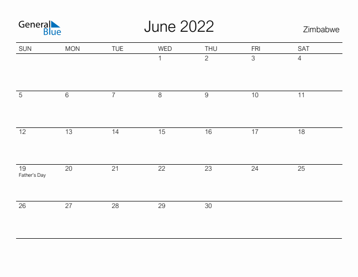 Printable June 2022 Calendar for Zimbabwe