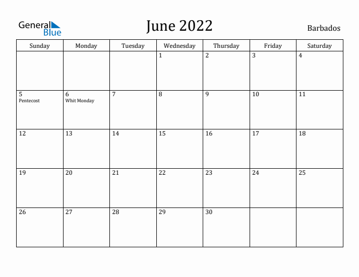 June 2022 Calendar Barbados