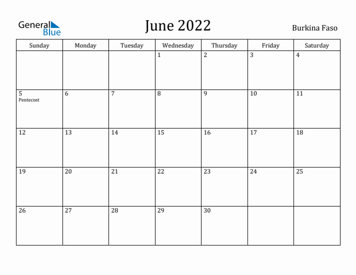 June 2022 Calendar Burkina Faso