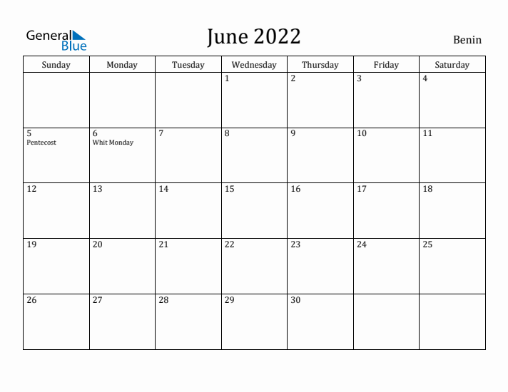 June 2022 Calendar Benin