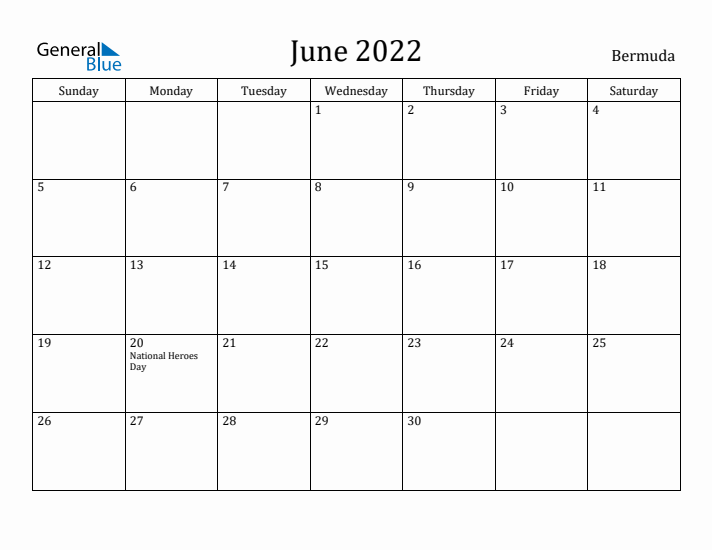 June 2022 Calendar Bermuda