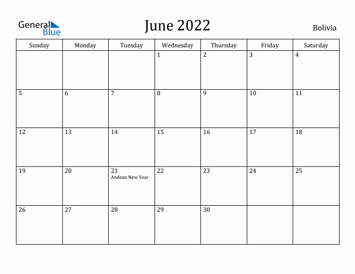 June 2022 Calendar Bolivia