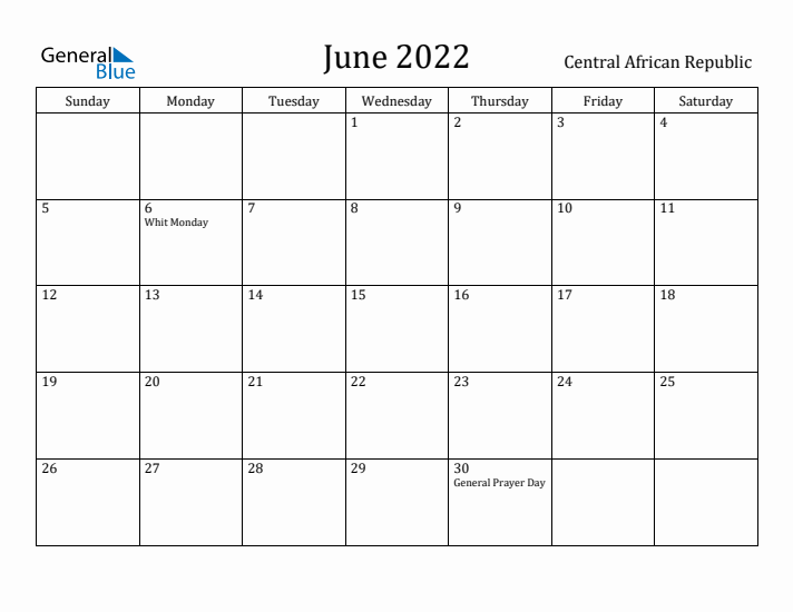June 2022 Calendar Central African Republic