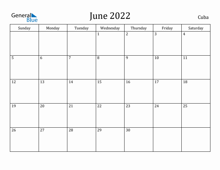 June 2022 Calendar Cuba