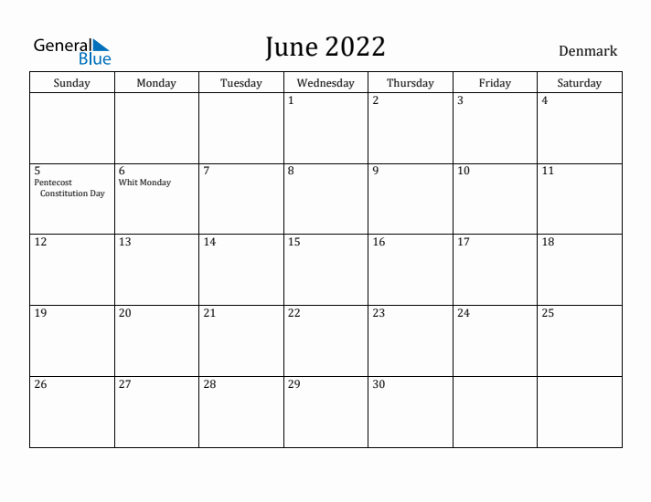 June 2022 Calendar Denmark