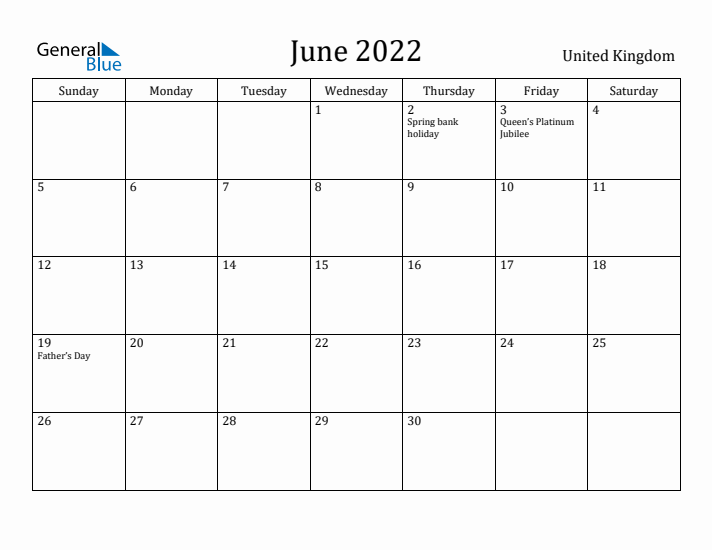 June 2022 Calendar United Kingdom