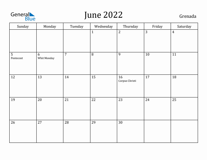 June 2022 Calendar Grenada