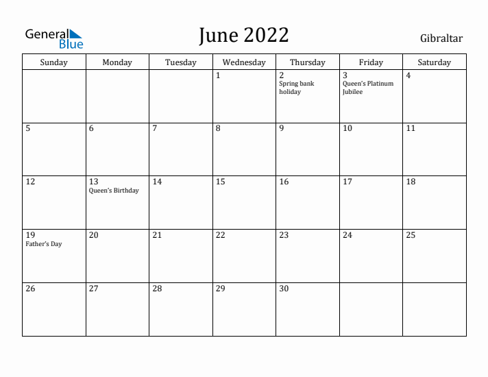 June 2022 Calendar Gibraltar