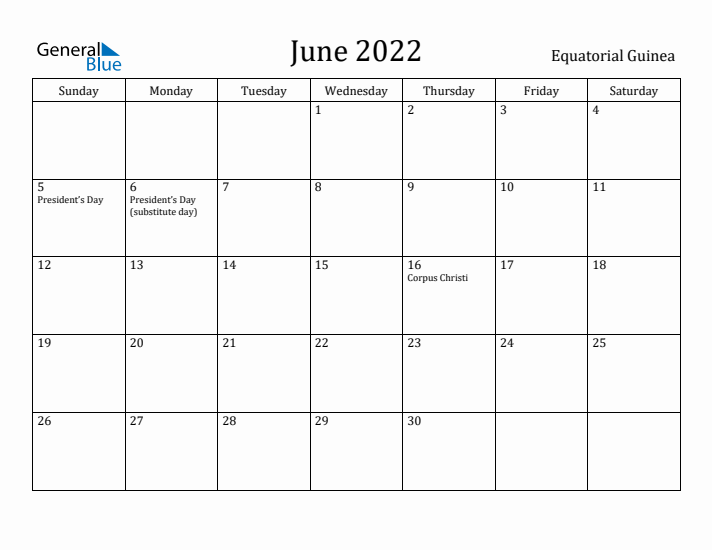 June 2022 Calendar Equatorial Guinea