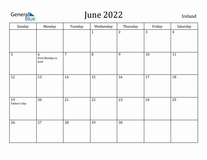 June 2022 Calendar Ireland