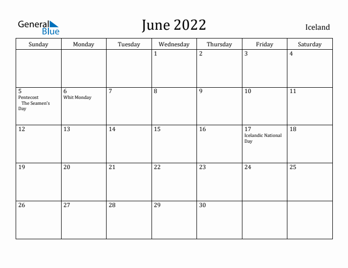 June 2022 Calendar Iceland